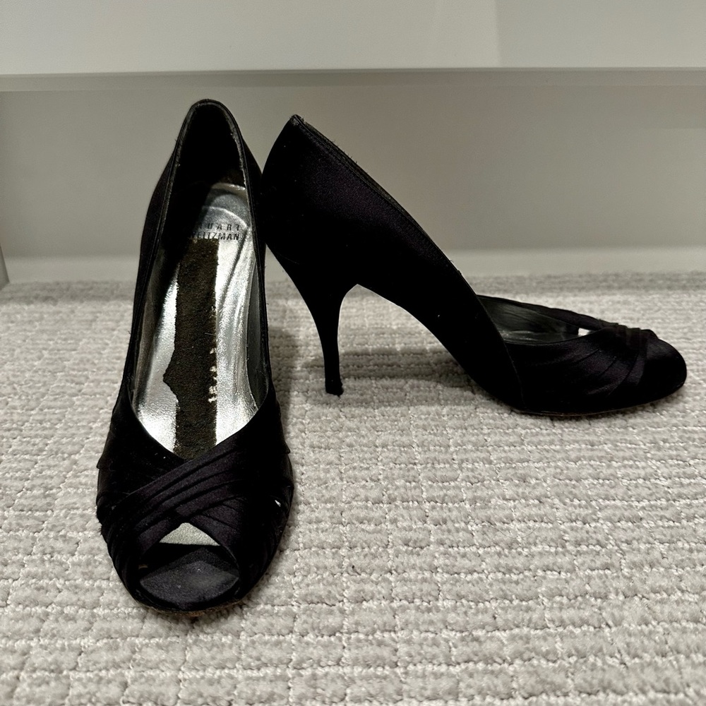 Stuart Weitzman Black Satin D’Orsay Peep Toe Pump